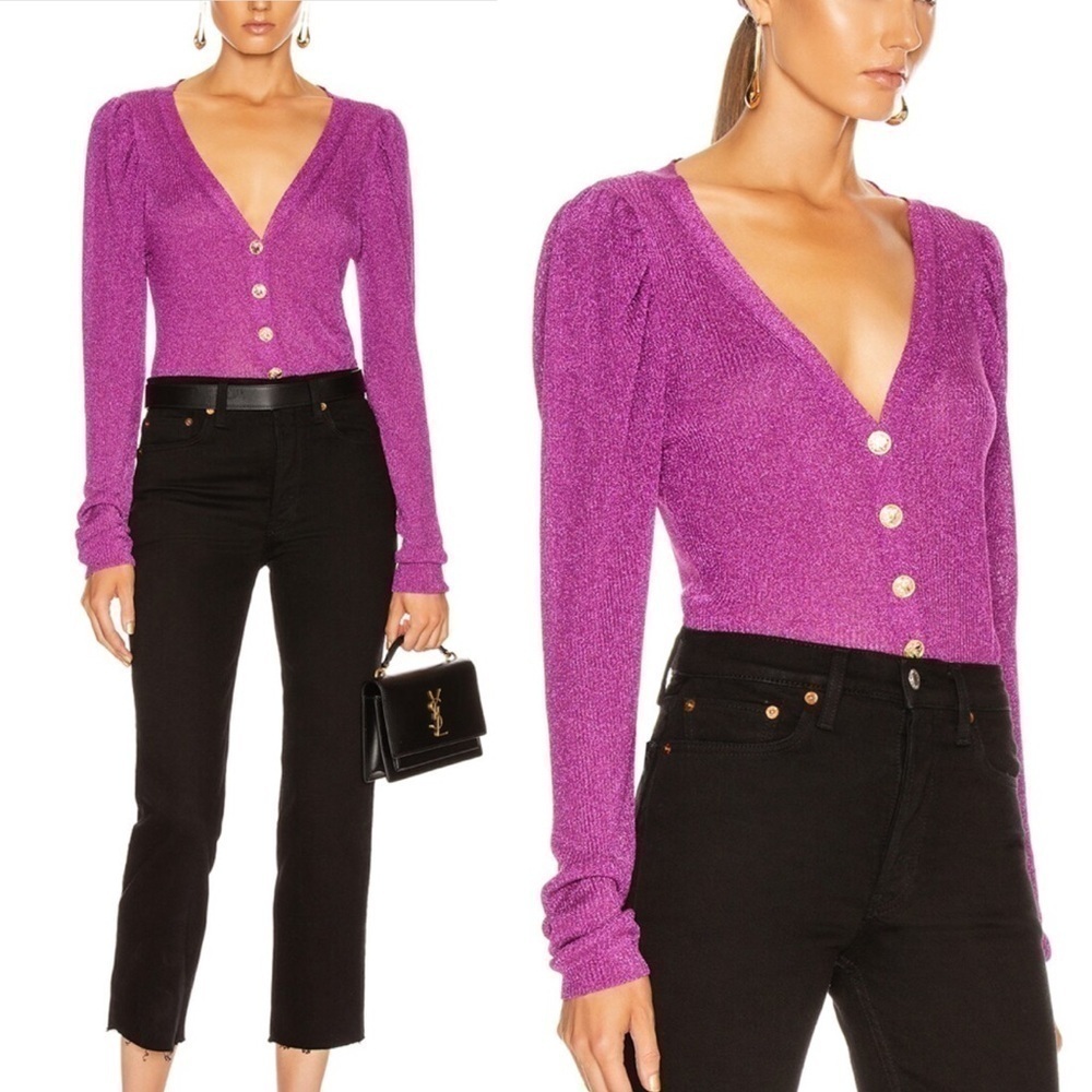 Caroline Constas Purple Long Sleeve Cardigan Glitter Sparkly Puff Sleeve - Picture 2 of 13